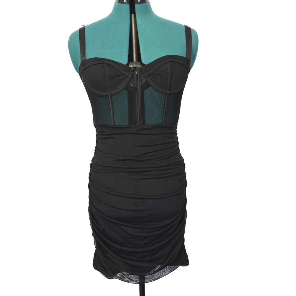 New White Fox Push the Boundaries‎ Mini Dress XL Black Shirred Sheer Bustier NWT